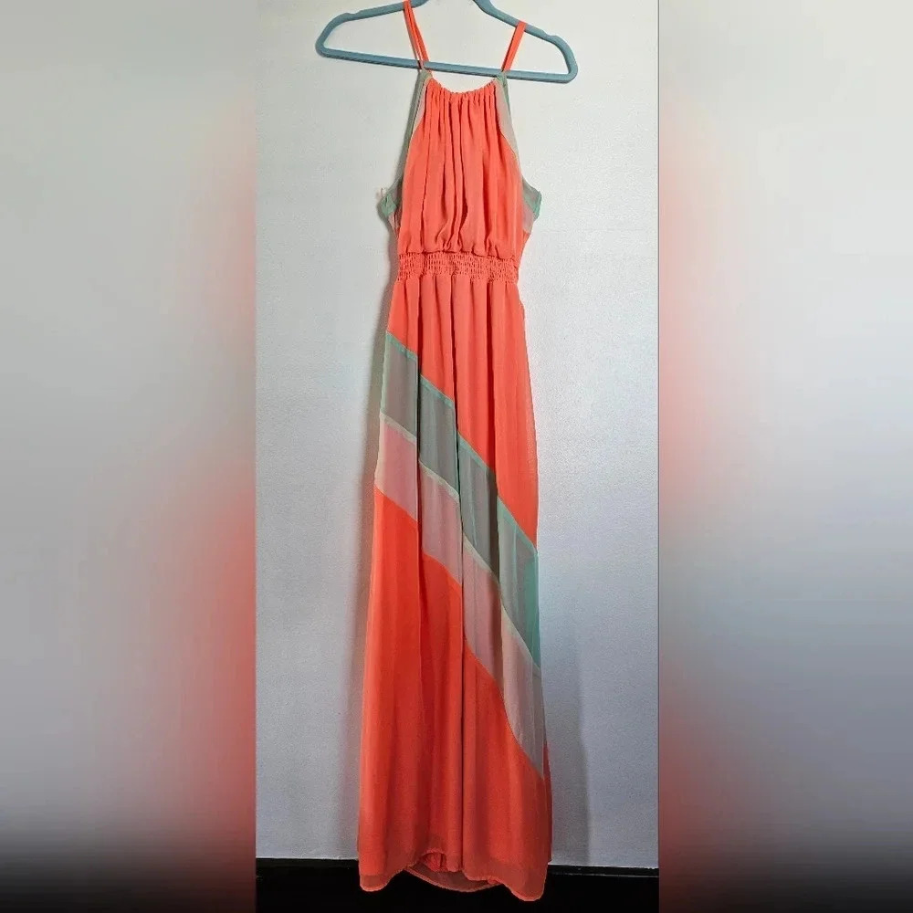 maurices Coral Striped Halter Neck Maxi Dress‎ Flowy Beach Vacation Small